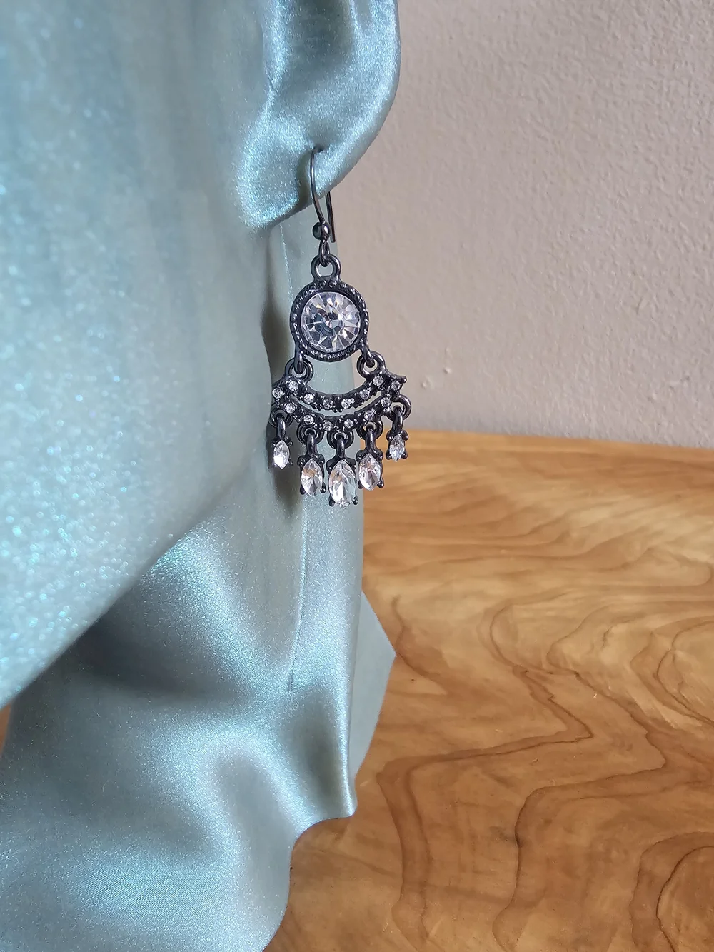 Black Filigree Drop Earrings with Clear Crystal Accents